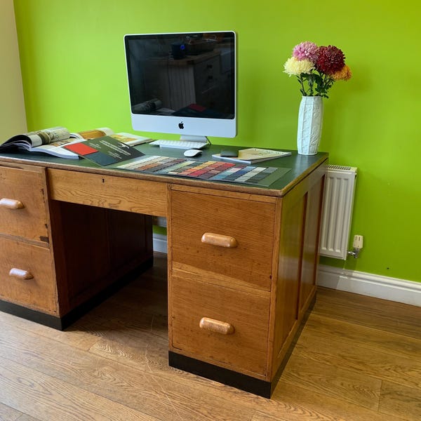 Vintage Oak Office Desk, Old Library Desk, Oak Partners Desk, Retro Inlaid Desk, Retro Writing Table, Artist /Craft Desk, Twin Sided Desk