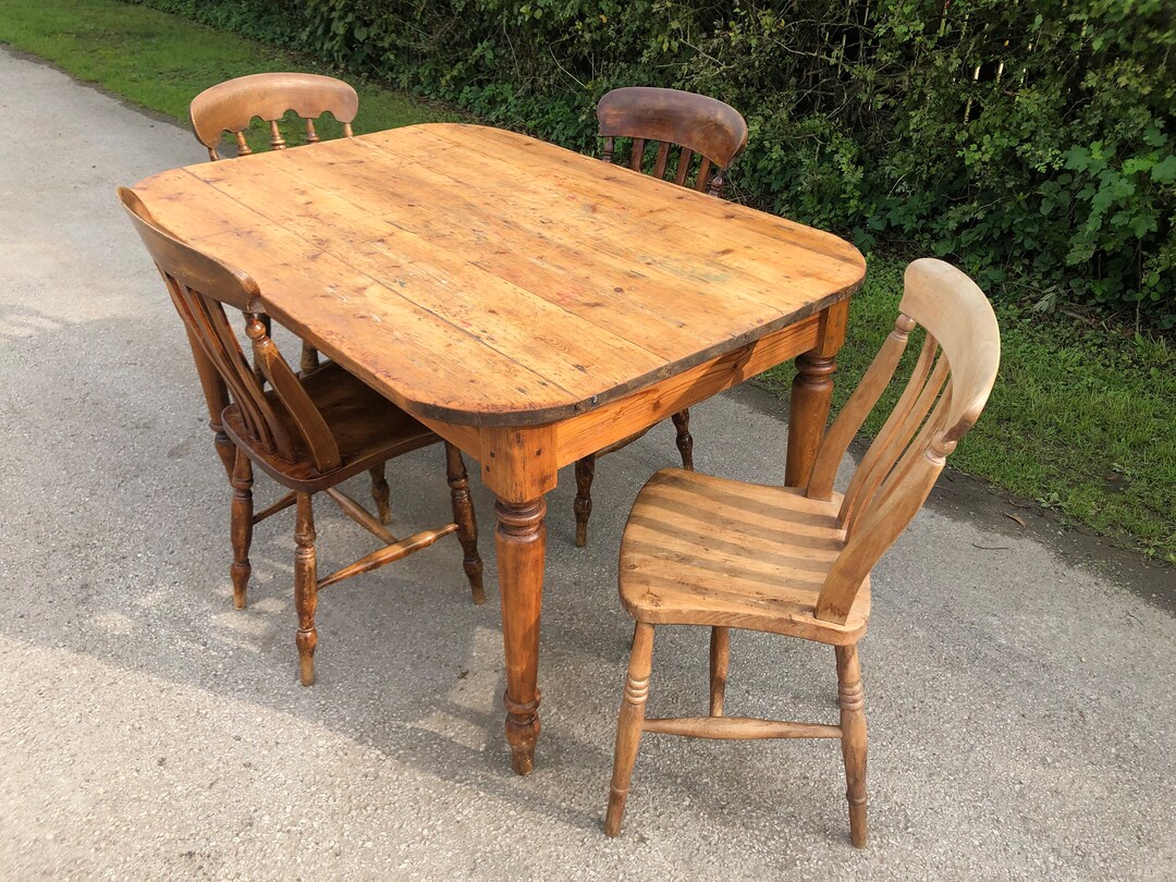 Small Antique Pine Kitchen Table and 4 Chairs Old Plank Top Etsy UK