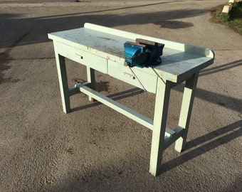 Vintage Workshop Bench & Vice, Crafting Bench with Drawers, Potting Shed Bench, Artisan Table, Old Woodwork Bench, Metalwork Hobby Bench