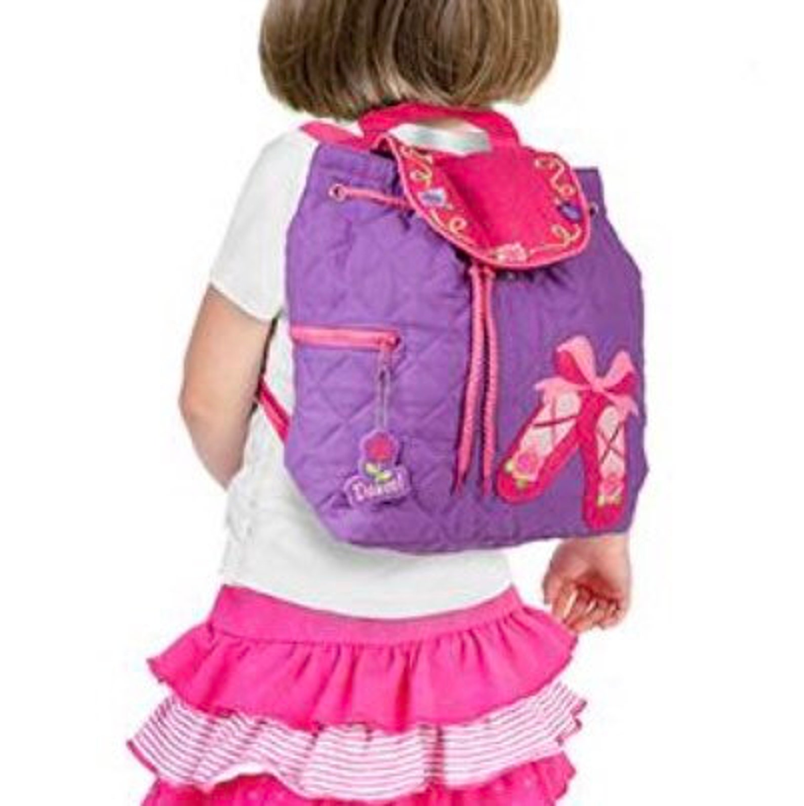 personalised toddler backpack in ballet shoe design with embroidered name.