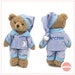 Personalised teddy bear in blue striped cotton pyjamas and night cap. A perfect bedtime buddy, or teddy bear's picnic chum for boy or girl 