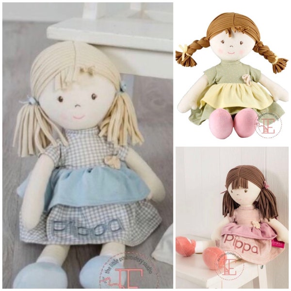 Super soft personalised rag doll available in blue grey, blush pink and sage yellow dress. Ideal for little hands