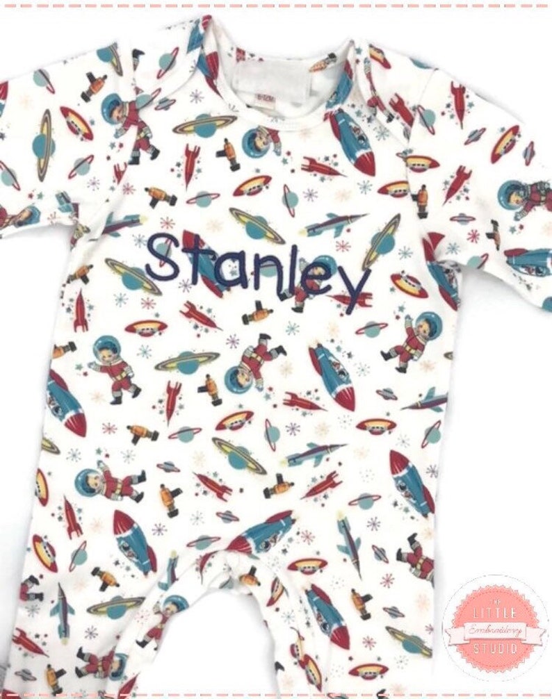 custom baby grow Ideal gift for new baby jumpsuit Personalised sleepsuit for baby in outer space print cotton fabric sibling