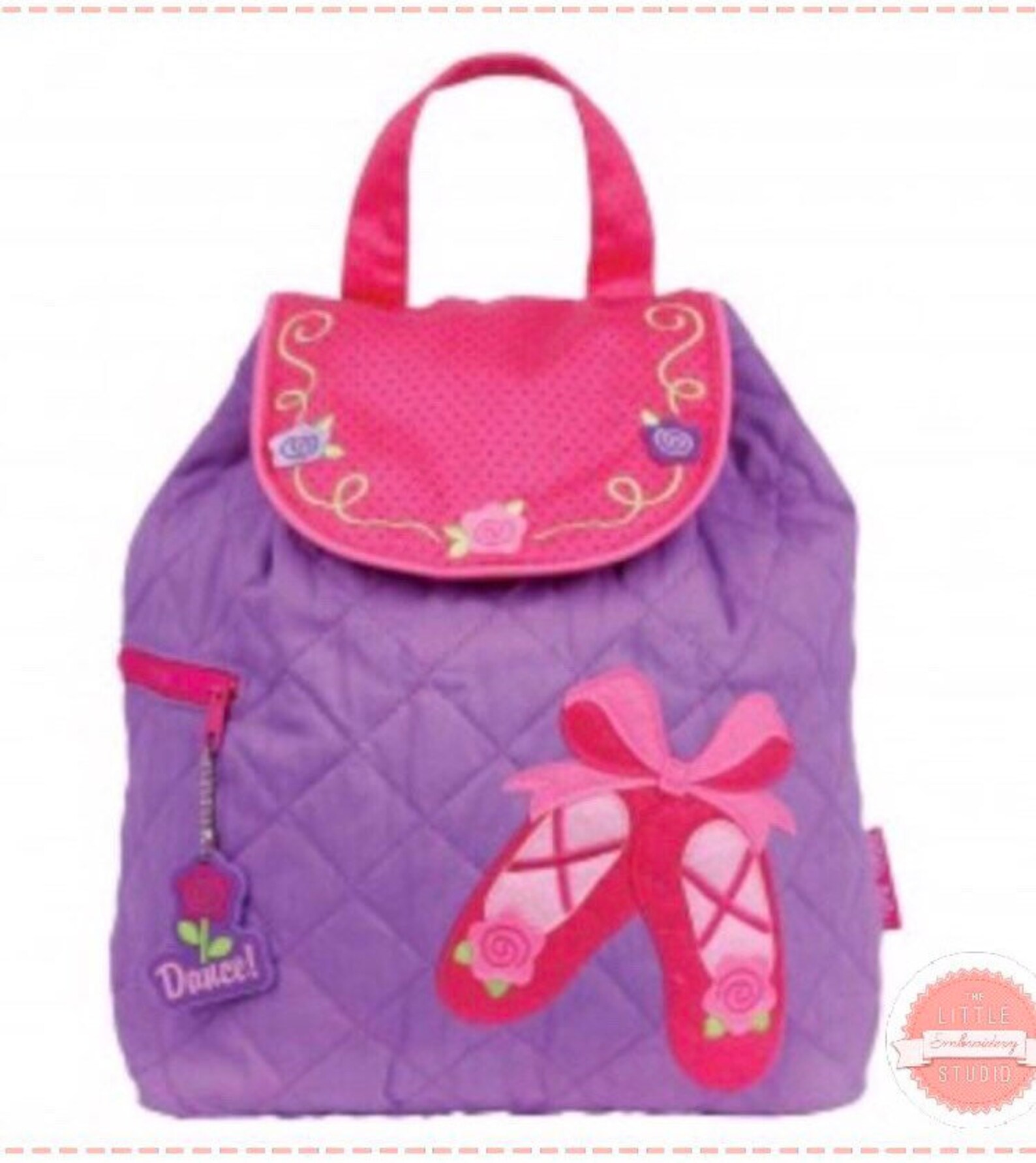 personalised toddler backpack in ballet shoe design with embroidered name.