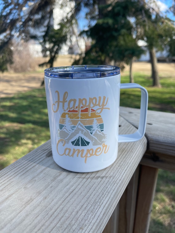 Farm House mug - insulated tumbler - tea time - cup of happy - travel mug -  with handle - with lid - gift idea - stainless steel