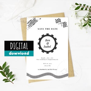 Racing Themed Save The Date, Hochzeit, bearbeitbarer digitaler Download, KEIN PHYSISCHES Produkt, Canva Editable