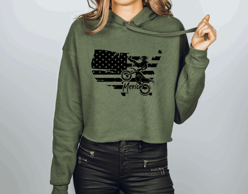 America Dirt Bike Flag Women's Cropped Hoodie, Sweatshirt, Sweater, Motocross Military Green