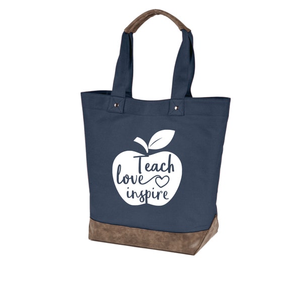 Teach Love Inspire Canvas Resort Tote, Carry All Tote, Market Bag, Canvas and Leather, Teacher Bag