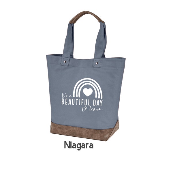 It's a Beautiful Day to Learn Canvas Resort Tote, Carry All Tote, Market Bag, Canvas and Leather, Teacher Bag, Gift
