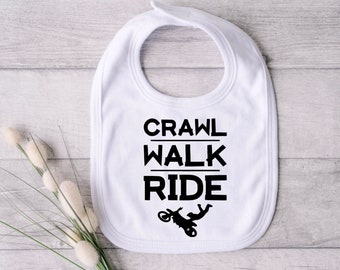 Crawl Walk Ride Baby Bib, Motocross, Dirt Bike, Baby Shower, Newborn, Baby Gift