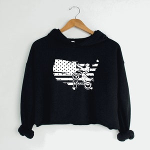 America Dirt Bike Flag Women's Cropped Hoodie, Sweatshirt, Sweater, Motocross Black