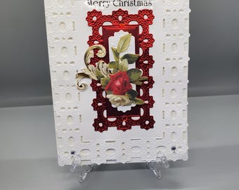 Tarjeta de felicitación navideña blanca con papel de aluminio rojo