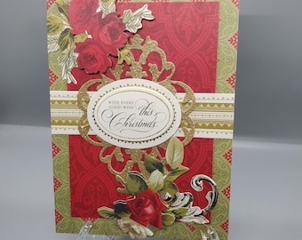 Tarjeta de felicitación navideña roja y dorada