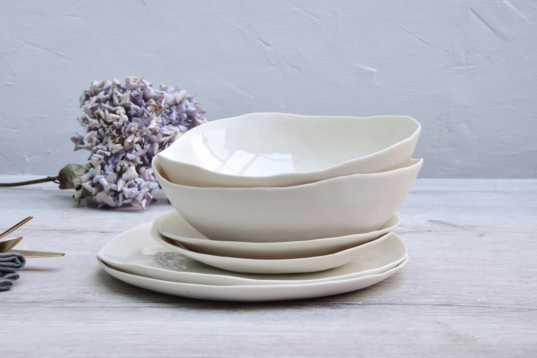 Handmade White Porcelain Dinnerware Set for Two Italian Pottery