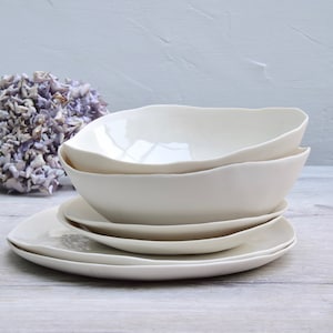 Handmade White Porcelain Dinnerware Set for 4 - Italian Ceramic Plates and Bowls