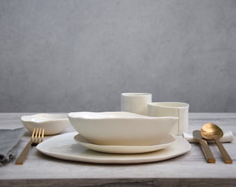 plates set for 8 people, 32 pieces white porcelain plates and bowls, handmade in Italy, studio ceramic, MADE TO ORDER