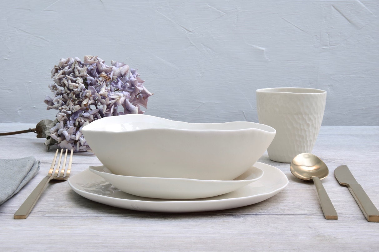 White Porcelain Plates and Bowls, 6 Pieces, 2 Sets of 3 Plates and