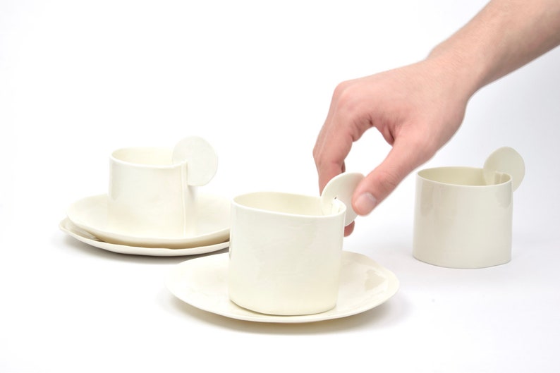 tasses et soucoupes à thé ou à café, porcelaine blanche faite main en Italie, céramique d'atelier image 2