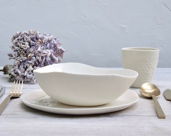 plates set for 2 people, 4 pieces white porcelain plates and bowls, handmade in Italy, studio ceramics, MADE TO ORDER