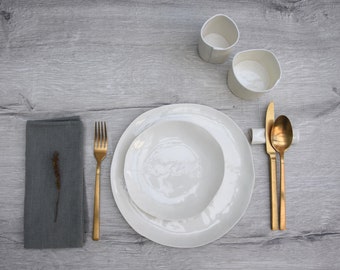 dinner set for 12, 36 pieces white porcelain plates and bowls. handmade in Italy, MADE TO ORDER