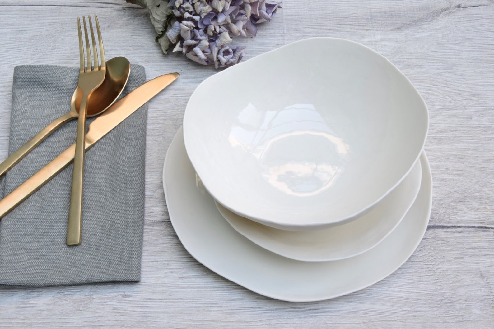 White Porcelain Plates and Bowls, 6 Pieces, 2 Sets of 3 Plates and