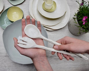 white porcelain salad servers, set of spoon and fork, handmade in Italy, studio ceramics, READY TO SHIP