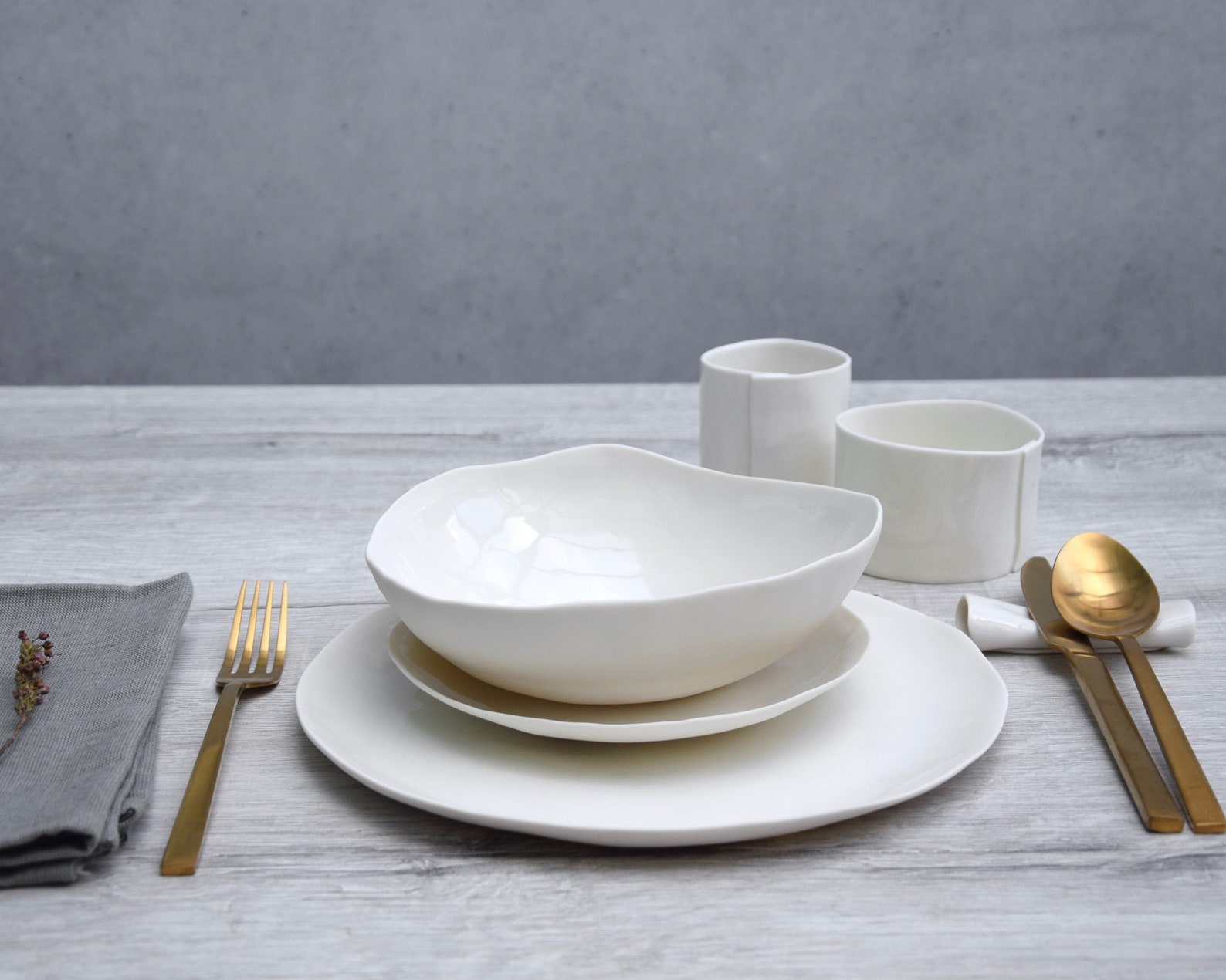 White Porcelain Plates and Bowls, 6 Pieces, 2 Sets of 3 Plates and