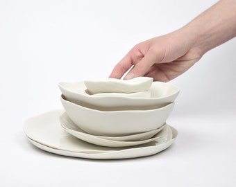 dinner set for 4 people, 16 pieces white porcelain plates and bowls, Handmade in Italy, studio ceramic MADE TO ORDER