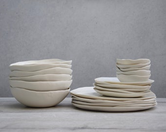 dinner set for 10 people, 40 pieces white porcelain plates and bowls, handmade in Italy, studio ceramics, MADE TO ORDER