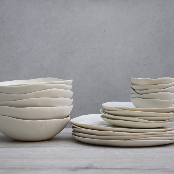 porcelain plates set for 12 people, 48 pieces white plates and bowls. handmade in Italy, MADE TO ORDER