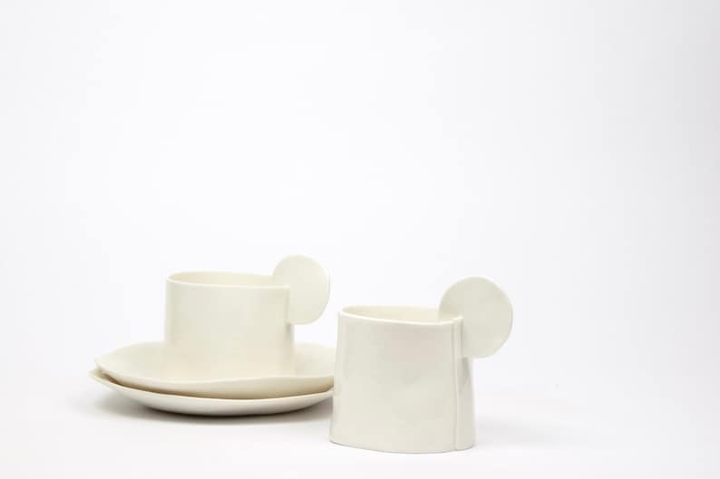 tasses et soucoupes à thé ou à café, porcelaine blanche faite main en Italie, céramique d'atelier image 5