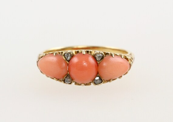 Victorian 15ct Gold Coral & Diamond Boat Ring