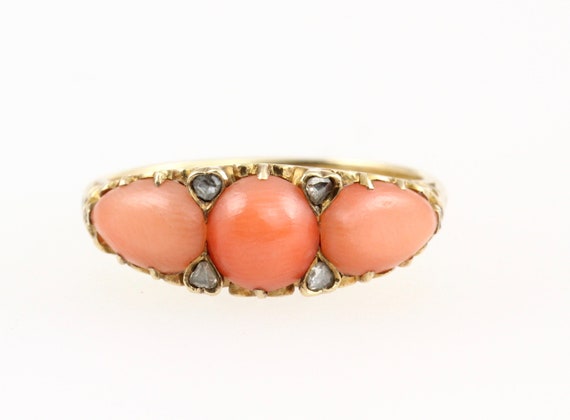 Victorian 15ct Gold Coral & Diamond Boat Ring