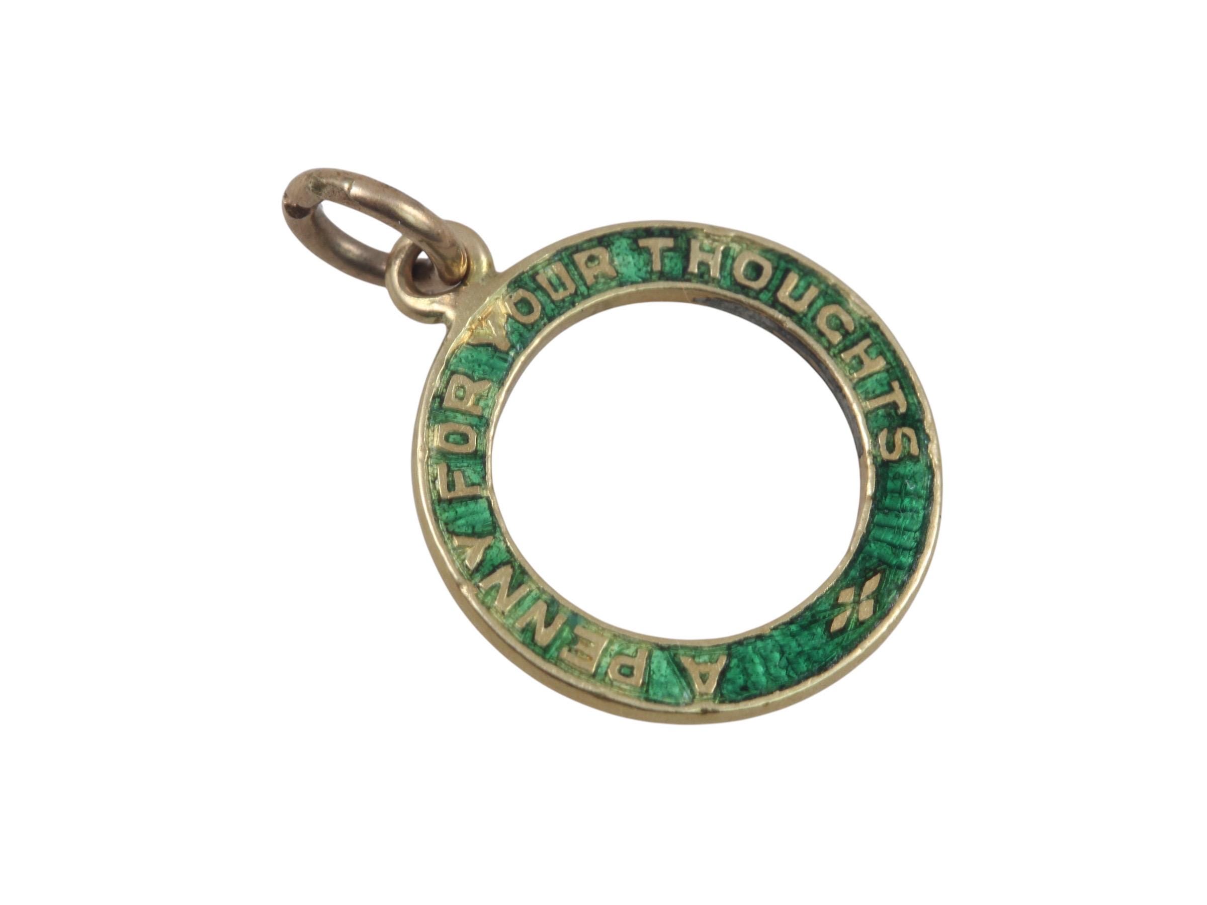 Antique Gold Enamel Je Porte Bonheur Penny for Your Thoughts