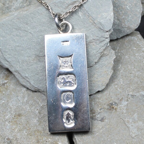 Vintage Silver 1970's Heavy Ingot Pendant Necklace Chain