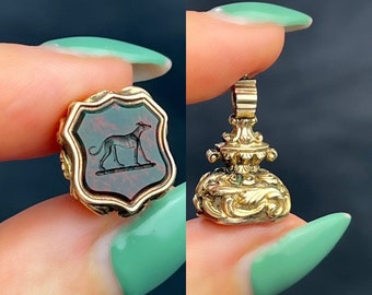 Antique Victorian Gold cased Bloodstone Greyhound Fob Intaglio wax Seal Pendant