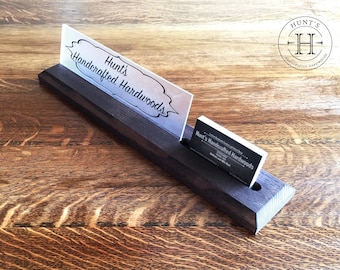 Personalized Hardwood Desk Name Plate with Business Card Holder