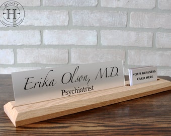 Desk Name Plate with Attached Business Card Holder, card display for office, card stand, name plate with business card holder for desk