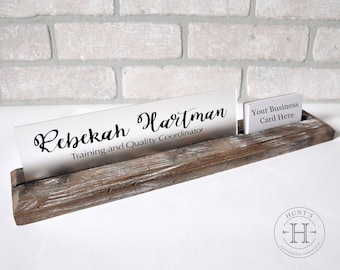 Distressed Personalized Desk Name Plate with Connected Business Card Holder, barn wood office name plate, driftwood for desk and office