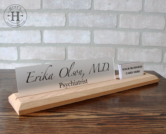 Desk Name Plate With Attached Business Card Holder Card Etsy