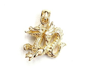 14k Yellow Gold DRAGON 3D Pendant Charm Made in USA