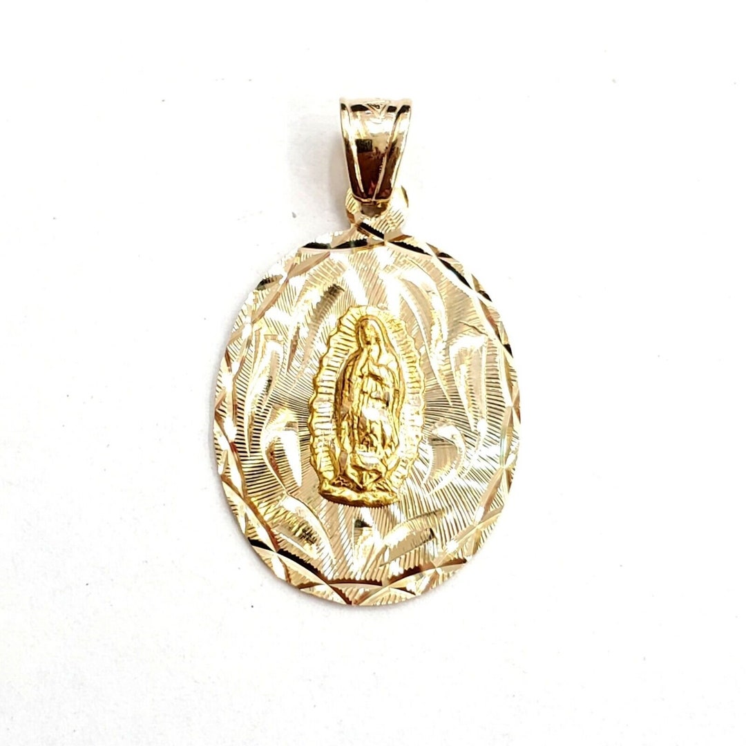 14k Yellow Gold Oval Virgin Mary Guadalupe Religious Pendant Diamond ...