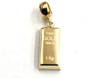 14k Yellow Gold Tiny 999.9 fine gold bar brick bar 1kg Pendant Charm Gift  1.9g