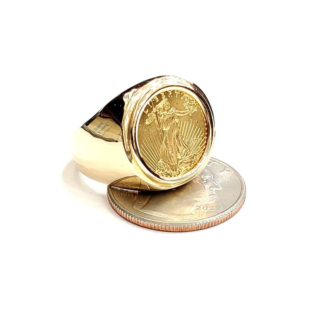 14K Gold Plain Men's Coin Ring Size 10 13.5g 5 Dollars 1/10 Oz 22k