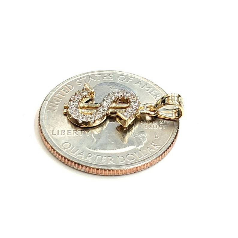 14k yellow gold tiny dollar sign lucky pendant charm cubic zirconia fine gift 1g