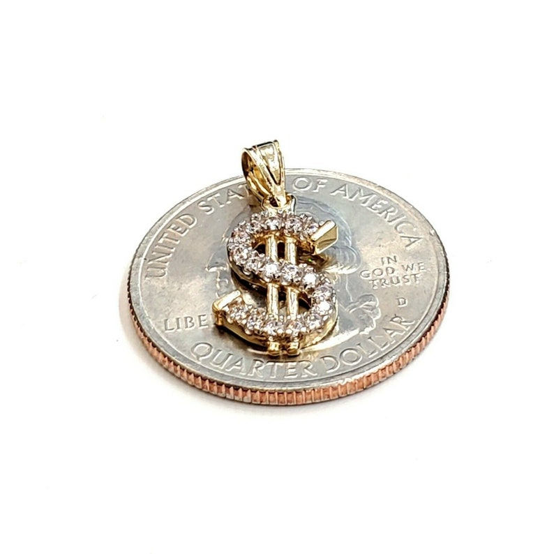 14k yellow gold tiny dollar sign lucky pendant charm cubic zirconia fine gift 1g