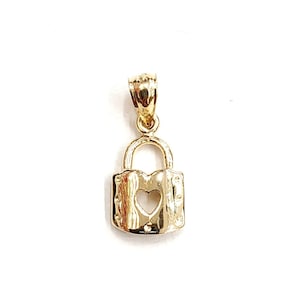 14KT Yellow Gold tiny padlock with heart pendant charm gift Fine Jewelry 1.3g