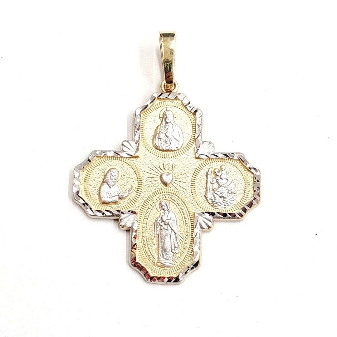 14k 2 Tone Gold 4 Four Way Saint Medal Pendant Charm Religious Fine ...