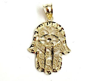 New 10k yellow gold khamsa hamsa hand lucky Jewish filigree pendant jewelry 1.5g