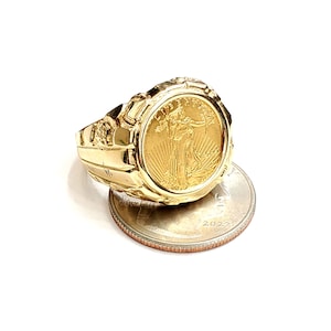 14K Gold nugget men coin ring size 9.75 13.4g 5 dollar 1/10 oz 22k American eagle